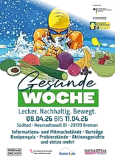 Das Bild zeigt ein Plakat für die Aktionstage Gesund Woche . Es bewirbt das Event im Südbad.