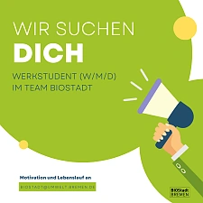 Das Bild zeigt ein Megaphon auf grünem Hintergrund und die Aufforderung sich zu bewerben.