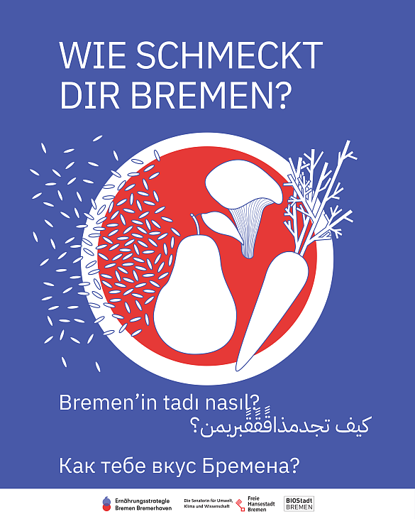 Plakat mit blauem Hintergrund mit der Frage: Wie schmeckt dir Bremen? In mehreren Sprachen und einer Illustration von Lebensmitteln auf einem Teller. Unten sind Logos abgebildet: Ernährungsstrategie Bremen Bremerhaven, Senatorin für Umwelt, Klima und Wissenschaft und BIOStadt Bremen.