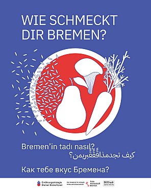 Plakat mit blauem Hintergrund mit der Frage: Wie schmeckt dir Bremen? In mehreren Sprachen und einer Illustration von Lebensmitteln auf einem Teller. Unten sind Logos abgebildet: Ernährungsstrategie Bremen Bremerhaven, Senatorin für Umwelt, Klima und Wissenschaft und BIOStadt Bremen.