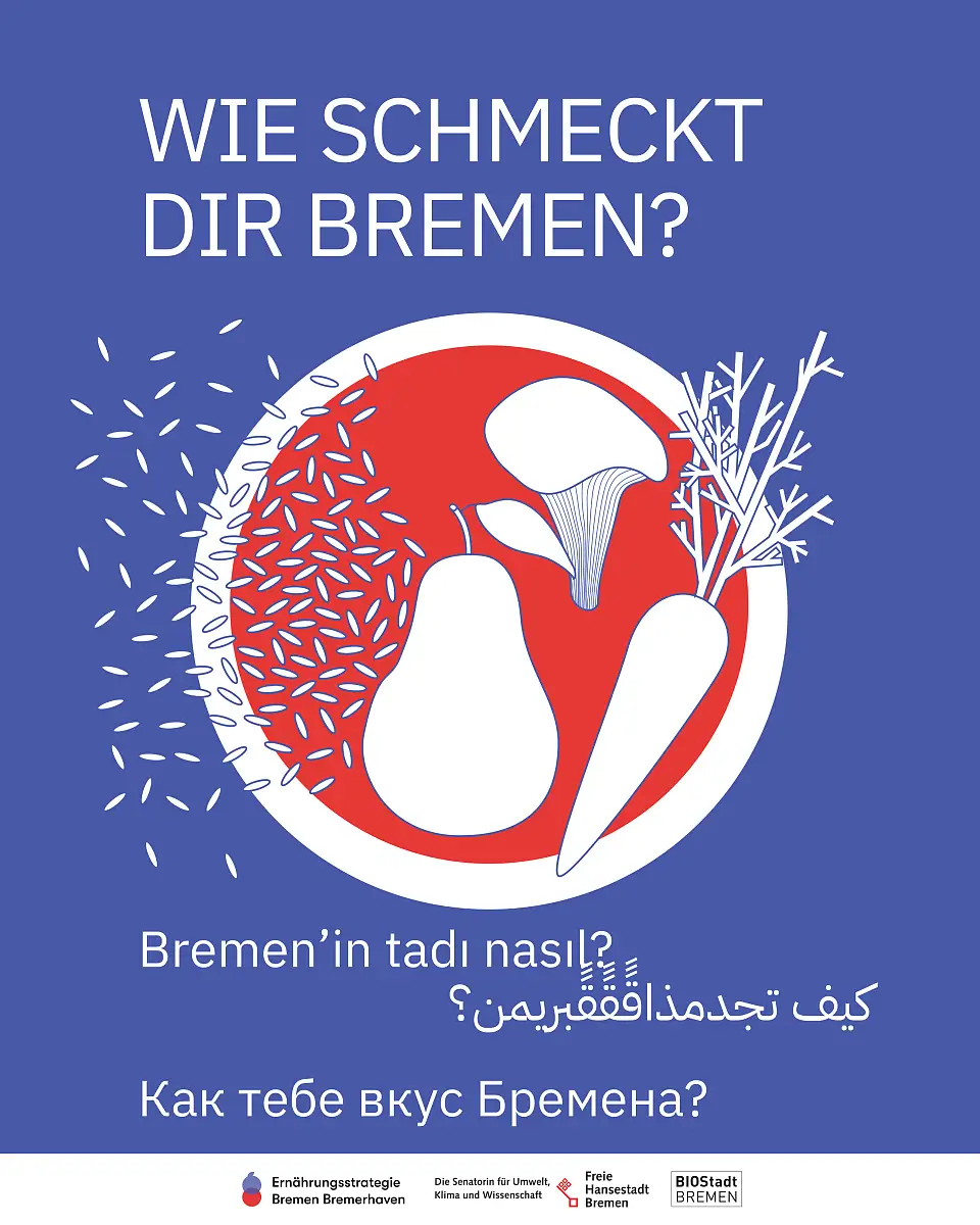 Plakat mit blauem Hintergrund mit der Frage: Wie schmeckt dir Bremen? In mehreren Sprachen und einer Illustration von Lebensmitteln auf einem Teller. Unten sind Logos abgebildet: Ernährungsstrategie Bremen Bremerhaven, Senatorin für Umwelt, Klima und Wissenschaft und BIOStadt Bremen.