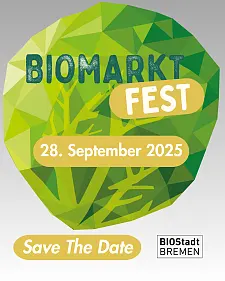 Ein Kohlkopf und die Aufschrift BIOMARKT FEST 28. September 2025 Save the Date und das Logo der BIOStadt Bremen