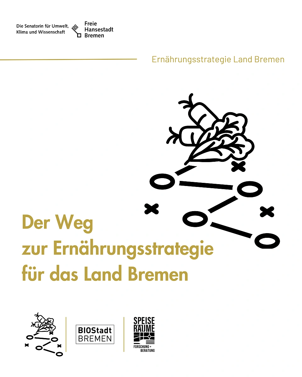Auf dem Bild sind eine stilisierte Grafik mit Gem&uuml;se und strategischen Symbolen,  der Titel Der Weg zur Ern&auml;hrungsstrategie f&uuml;r das Land Bremen sowie Logos von der Senatorin f&uuml;r Umwelt, Klima und Wissenschaft, BIOStadt Bremen und  Speiser&auml;ume.
