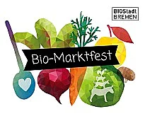 Zeichnung verschiedener Obst und Gemüse, darüber liegt ein schwarzer Banner mit der Auschrift BioMarktFest