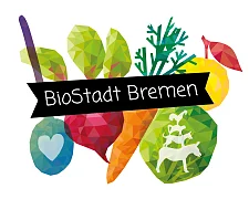Zeichnung verschiedener Obst und Gemüse und ein Schriftzug mit Biostadt Bremen
