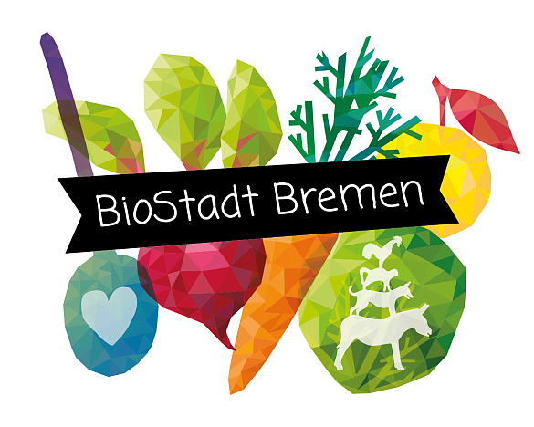 Zeichnung verschiedener Obst und Gemüse und Logo BioStadt Bremen