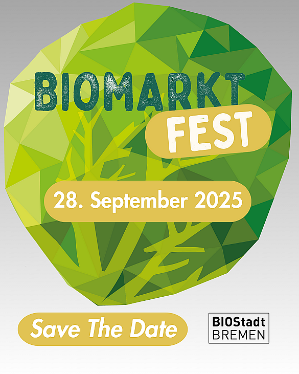Zeichnung verschiedener Obst und Gemüse, darüber liegt ein schwarzer Banner mit der Auschrift BioMarktFest