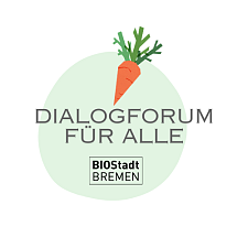 Zeichnung orangene Karotte mit Text: Dialogforum für alle und einem schwarzen Logo: BioStadt Bremen