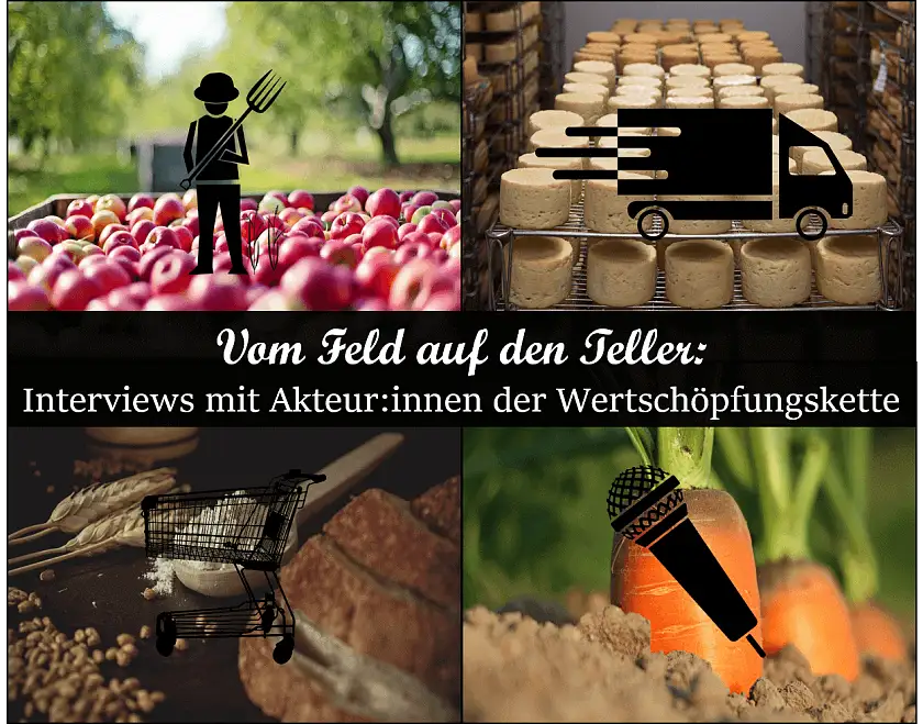 Das Bild zeigt die Wertschöpfungskette in drei Stufen und verweist auf die Rubrik Interviews mit Akteur:innen der Wertschöpfungskette.