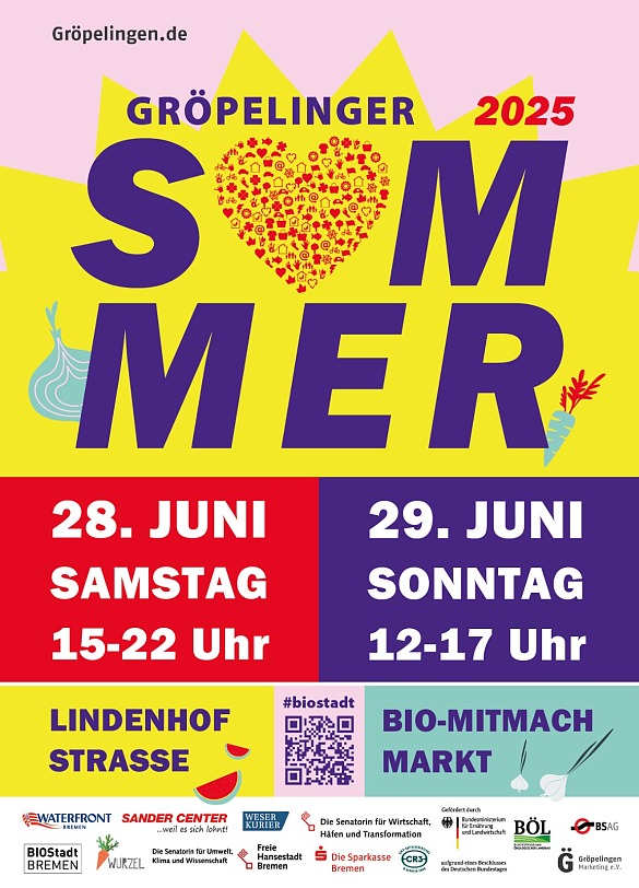 Plakat zum Gröpelinger Sommer 2025. Bunte Gestaltung mit dem Schriftzug SOMMER in großen Buchstaben, das O ist ein Herz aus kleinen Symbolen.