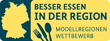 Das Logo zeigt eine stilisierte Deutschlandkarte und die Schriftzüge BESSER ESSEN IN DER REGION sowie MODELLREGIONEN WETTBEWERB. Messer, Gabel und Löffel symbolisieren den Fokus auf Ernährung.