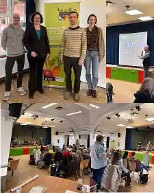 Die Collage zeigt vier Fotos, die während der Tagung aufgenommen wurden. Im oberen linken Bild sind von links nach rechts zu sehen: Marius Kummer (SUKW, BioStadt Bremen), Kathrin Moosdorf (Senatorin für Umwelt, Klima und Wissenschaft), Jonas Daldrup (denkhausbremen e.V.) und Bithja Menzel (Bündnis 90/Die Grünen).  Weitere Bilder der Collage zeigen eine Präsentation sowie das Publikum und die Podiumsdiskussion der Veranstaltung.
