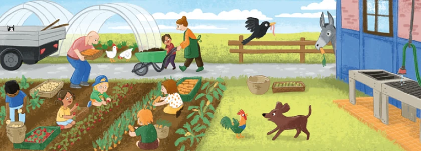 Kinder ernten auf dem Feld Radieschen und Möhren