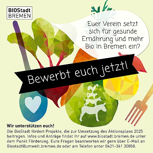 Logo der BioStadt Bremen mit der Aufforderung sich zu bewerben
