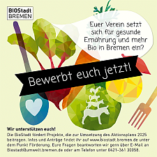 Logo der BioStadt Bremen mit der Aufforderung sich zu bewerben