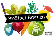 Zeichnung verschiedener Obst und Gemüse und BioStadt Bremen Logo