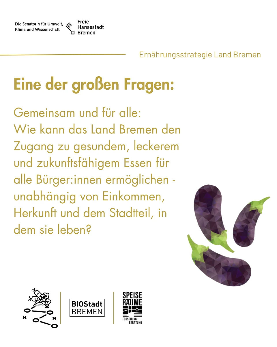 Eine der gro&szlig;en Fragen im Prozess: Wie kann das Land Bremen den Zugang zu gesundem, leckeren und zukunftsf&auml;higen Essen f&uuml;r alle B&uuml;rger:innen erm&ouml;glichen - unabh&auml;ngig von Einkommen, Herkunft und dem Stadtteil. Begleitet wird die Frage von drei stilisierten Auberginen und Logos von der Senatorin f&uuml;r Umwelt, Klima und Wissenschaft, BIOStadt Bremen und  Speiser&auml;ume.