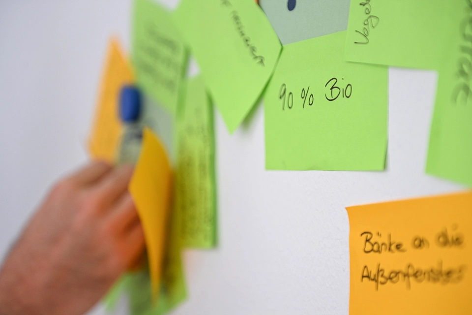 K&uuml;chencoaching - Bunte Notizzettel an einer Wand, eine Hand steckt gerade einen neuen dazu.