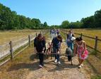 Fortbildung pädagogische Fachkräfte: Das Bild zeigt pädagogische Fachkräfte dem Besuch eines Bio-Bauernhofs, die gemeinsam mit einigen Schafen auf einem Weg zwischen Weideflächen spazieren gehen. 
˜ Bildnachweis: Hans-Wendt-Stiftung