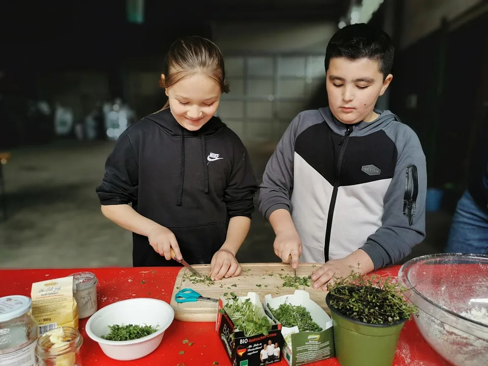Zwei Kinder schneiden konzentriert Kr&auml;uter und Kresse mit Messern an einem Tisch.