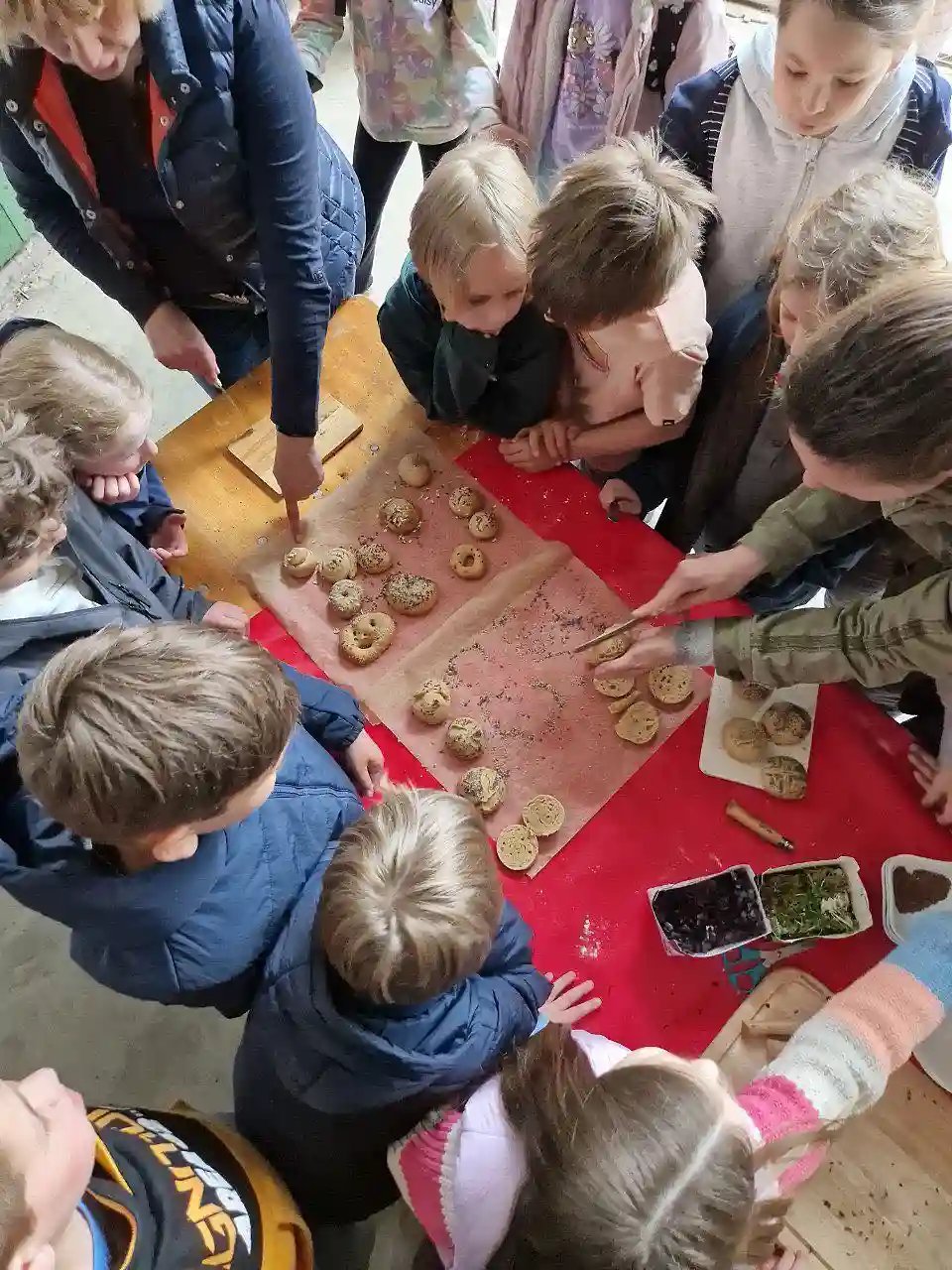 Rund ein Dutzend Kinder und ein paar Erwachsene stehen dicht gedr&auml;ngt um einen Tisch, auf dem gebackene Br&ouml;tchen liegen. Die Br&ouml;tchen sind auf Backpapier verteilt und unterschiedlich bestreut und geformt. Einige Kinder schauen gespannt oder zeigen auf bestimmte Br&ouml;tchen. Das Bild wurde von oben aufgenommen und vermittelt eine aktive, gemeinschaftliche Stimmung.