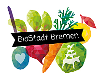 Zeichnung verschiedener Obst und Gemüse, und das BioStadt Bremen Logo