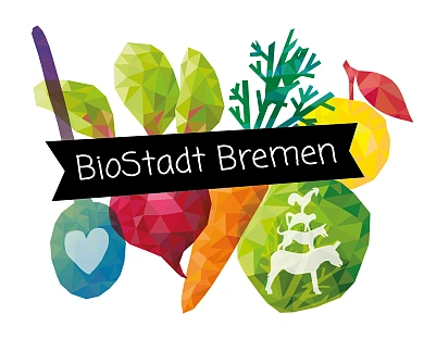Zeichnung verschiedener Obst und Gemüse und Banner BioStadt Bremen